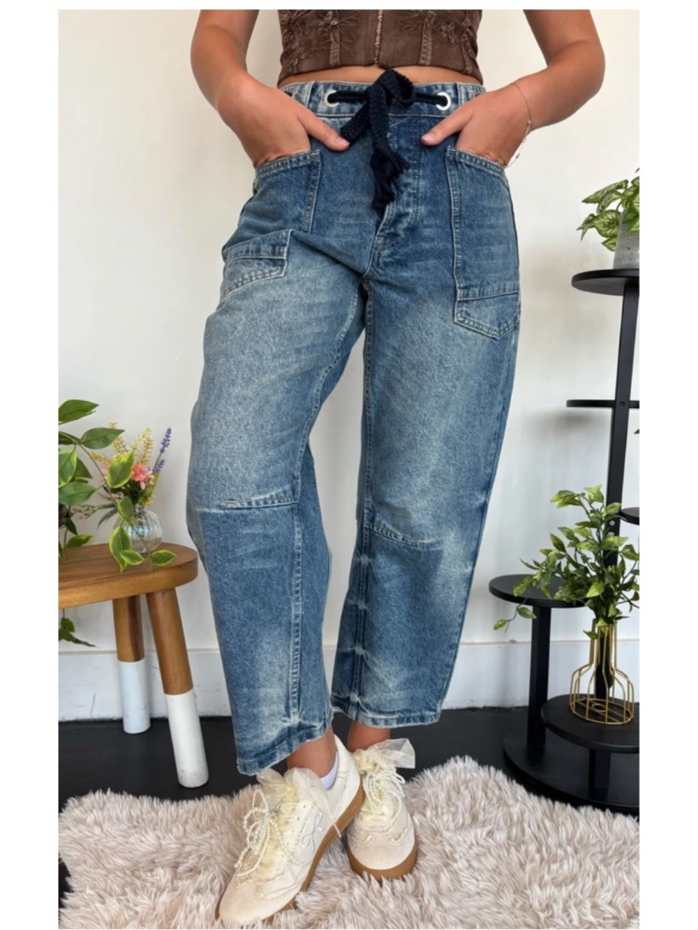 Women's Relaxed Utility Jeans in Washed Blue - Casual Straight Leg
